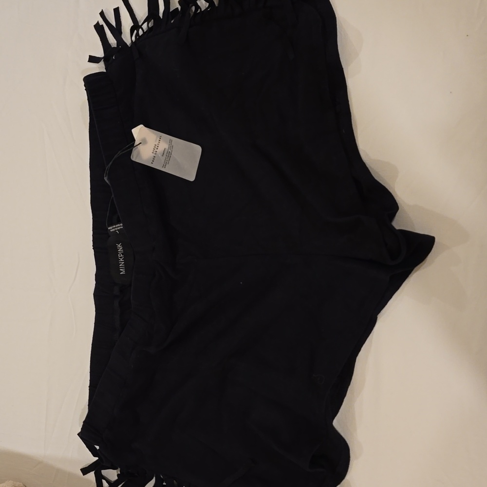 Black minkpink suede fringe shorts
